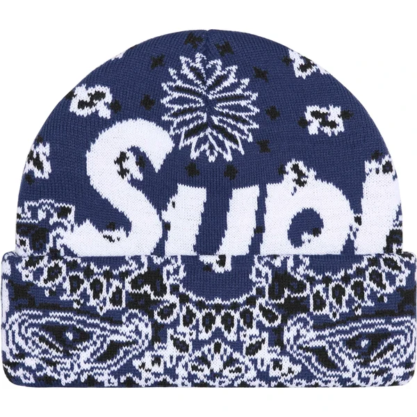 Supreme Big Logo Beanie - Navy Bandana (front)
