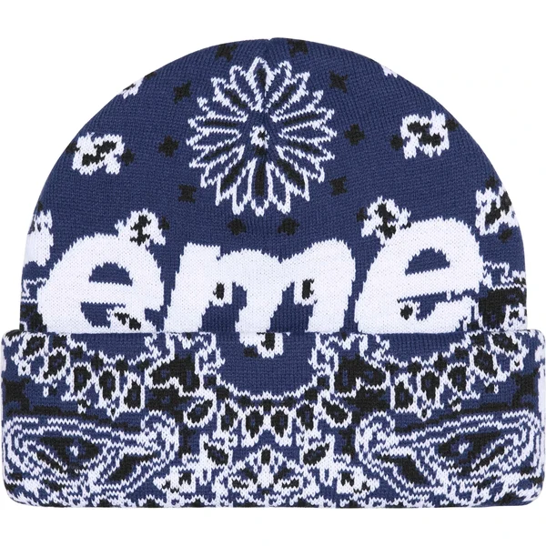 Supreme Big Logo Beanie - Navy Bandana (front)