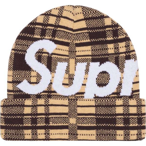 Supreme Big Logo Beanie - Tan Plaid (front)