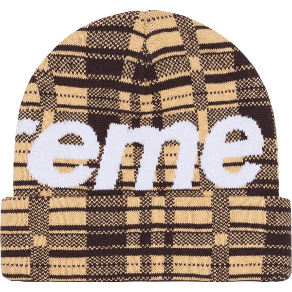 Supreme Big Logo Beanie - Tan Plaid (front)