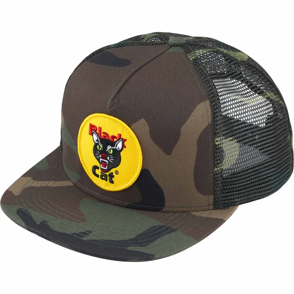 Supreme Black Cat Mesh Back 5-Panel - Woodland Camo (front)