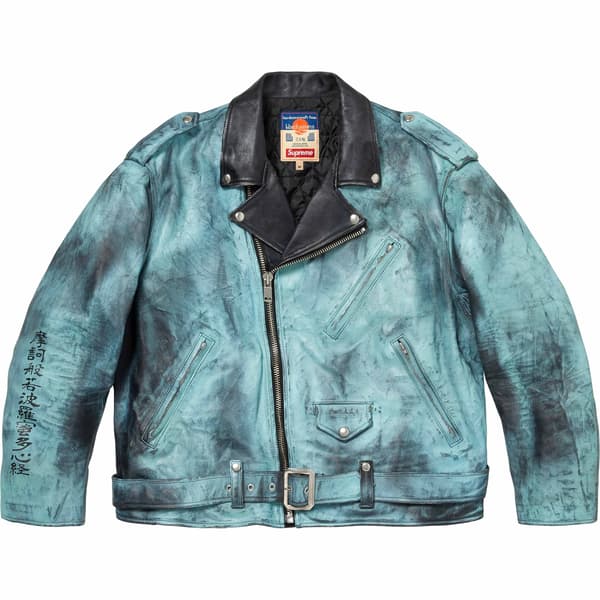 Supreme blackmeans Painted Leather Motorcycle Jacket - Light Green (front)