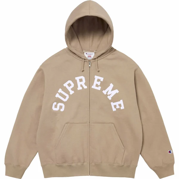 Supreme Champion Zip Up Hooded Sweatshirt - Tan (front)