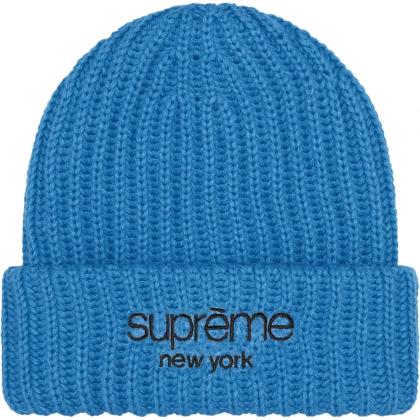 Supreme Classic Logo Chunky Ribbed Beanie - Blue (front)