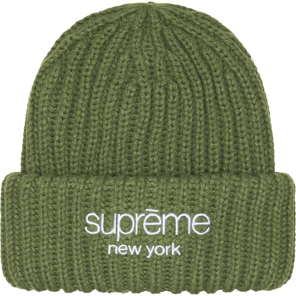 Supreme Classic Logo Chunky Ribbed Beanie - Olive (front)