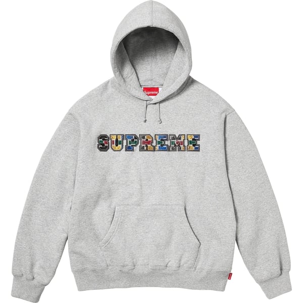 Supreme Collegiate Patchwork Leather Hooded Sweatshirt - Heather Grey (front)