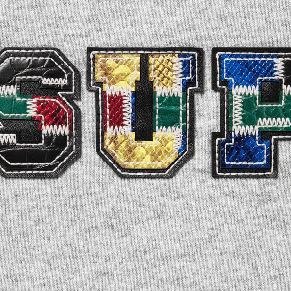 Supreme Collegiate Patchwork Leather Hooded Sweatshirt - Heather Grey (front)