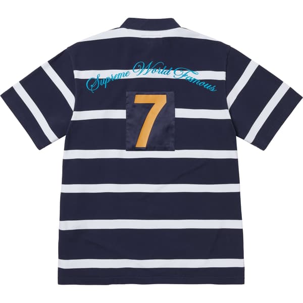 Supreme Cursive Polo - Navy Stripe (front)