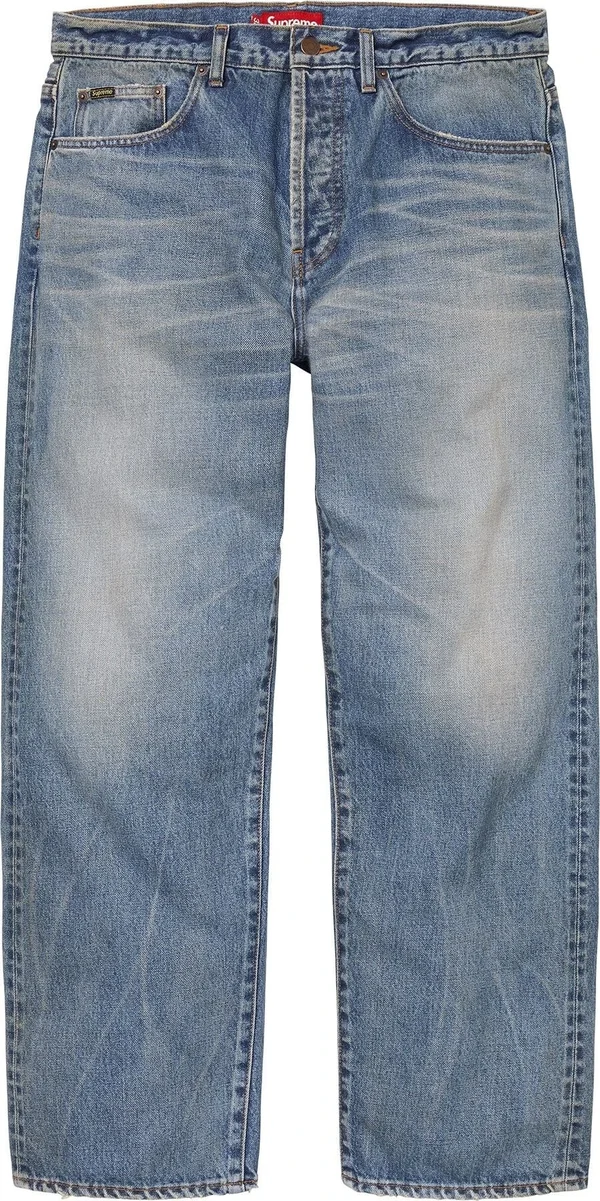 Supreme Distressed Loose Fit Selvedge Jean - Washed Indigo (front)