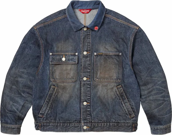 Supreme Distressed Selvedge Trucker Jacket - Washed Indigo (front)