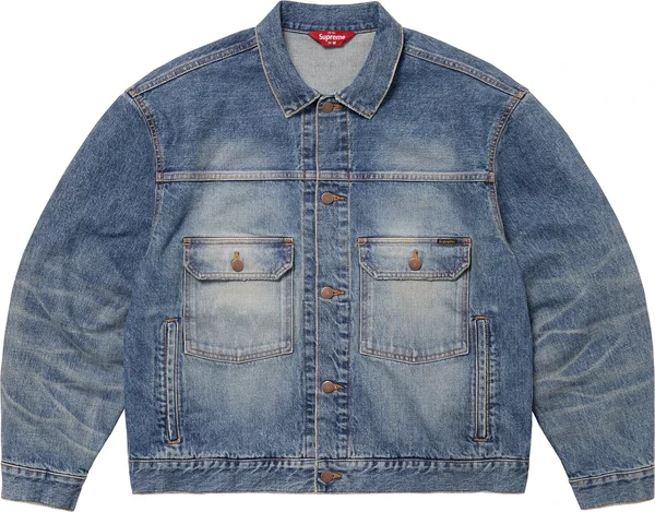Supreme Distressed Selvedge Trucker Jacket - Washed Indigo (front)