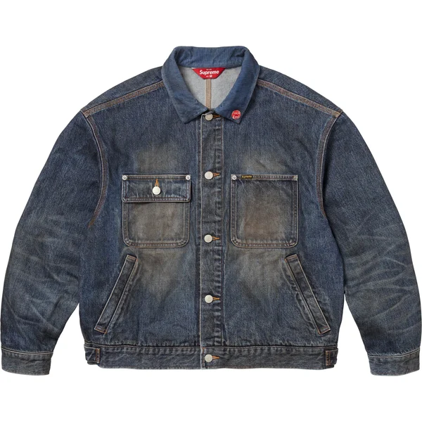 Supreme Distressed Selvedge Trucker Jacket - Washed Indigo (front)