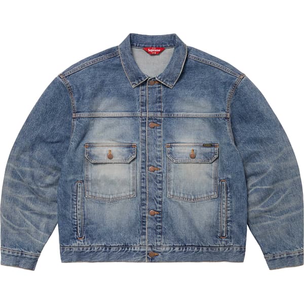 Supreme Distressed Selvedge Trucker Jacket - Washed Indigo (front)