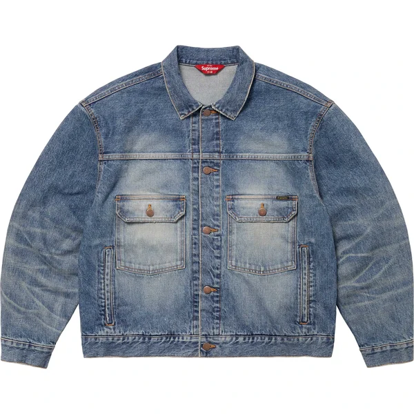 Supreme Distressed Selvedge Trucker Jacket - Washed Indigo (front)