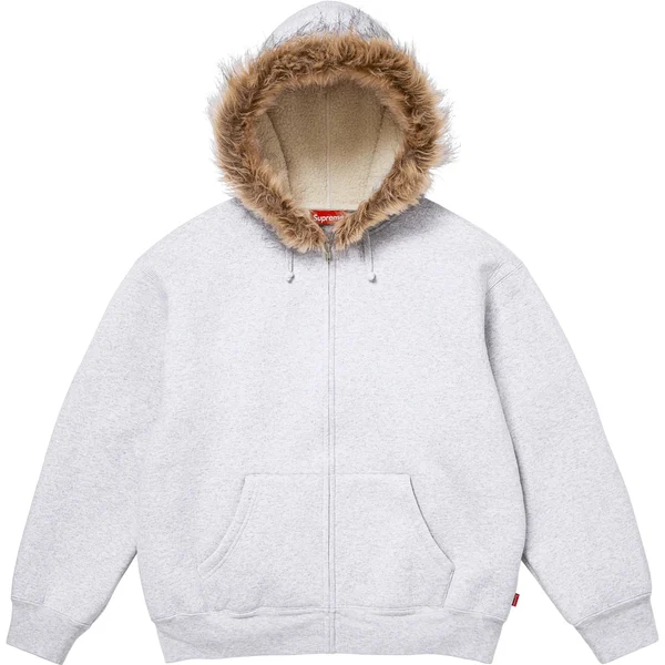 Supreme Faux Fur Zip Up Hooded Sweatshirt - Ash Grey (front)