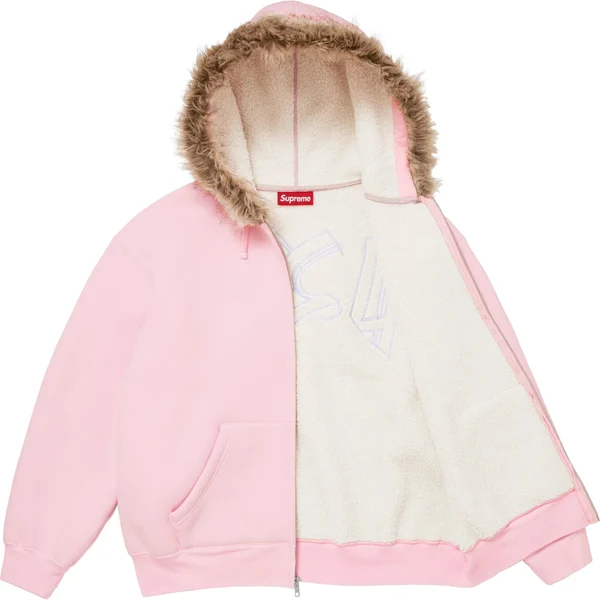 Supreme Faux Fur Zip Up Hooded Sweatshirt - Light Pink (front)