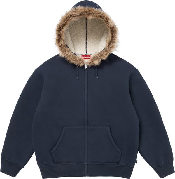 Supreme Faux Fur Zip Up Hooded Sweatshirt - Navy (front)