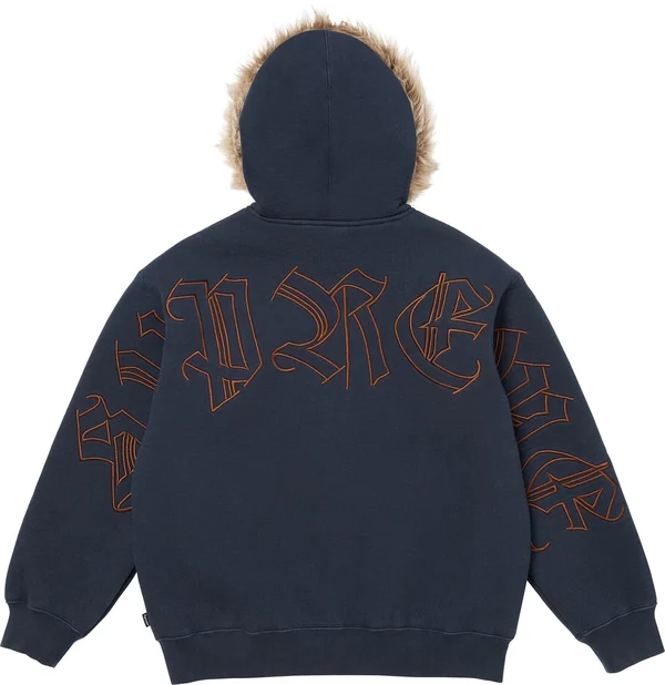 Supreme Faux Fur Zip Up Hooded Sweatshirt - Navy (front)