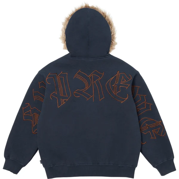 Supreme Faux Fur Zip Up Hooded Sweatshirt - Navy (front)