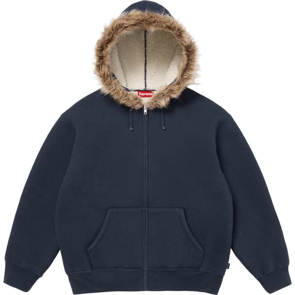 Supreme Faux Fur Zip Up Hooded Sweatshirt - Navy (front)