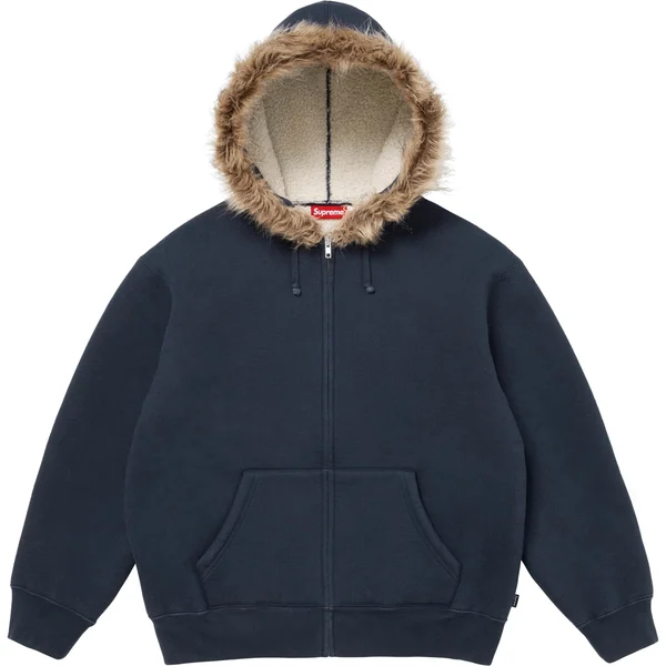 Supreme Faux Fur Zip Up Hooded Sweatshirt - Navy (front)
