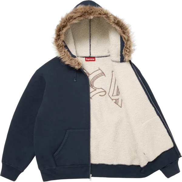 Supreme Faux Fur Zip Up Hooded Sweatshirt - Navy (front)