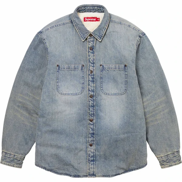 Supreme Faux Shearling Lined Work Shirt - Washed Indigo Denim (front)
