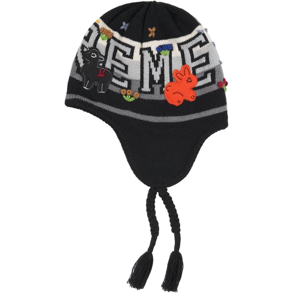 Supreme Felt Appliqué Earflap Beanie - Black (front)