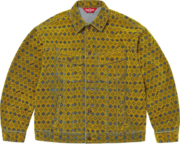 Supreme Flocked Denim Trucker Jacket - Mustard (front)