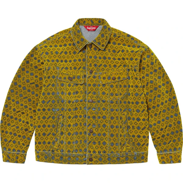 Supreme Flocked Denim Trucker Jacket - Mustard (front)