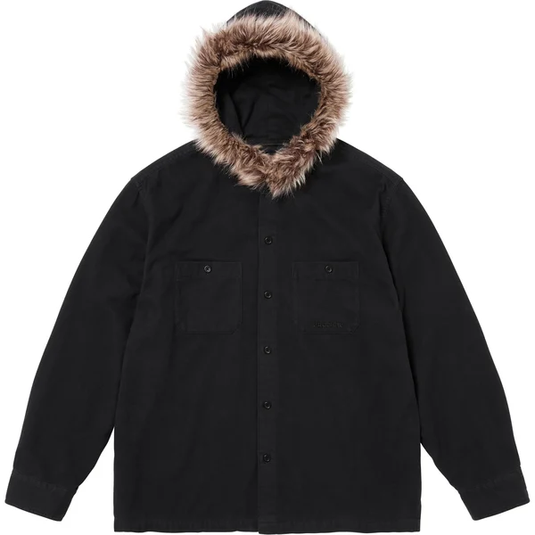 Supreme Fur Trim Flannel Hooded Shirt - Black (front)