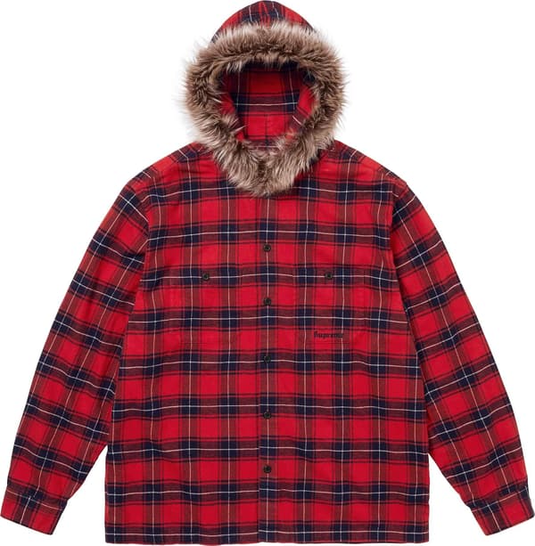 Supreme Fur Trim Flannel Hooded Shirt - Red Plaid (front)