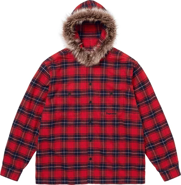 Supreme Fur Trim Flannel Hooded Shirt - Red Plaid (front)