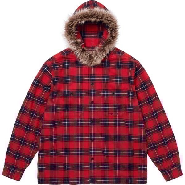 Supreme Fur Trim Flannel Hooded Shirt - Red Plaid (front)