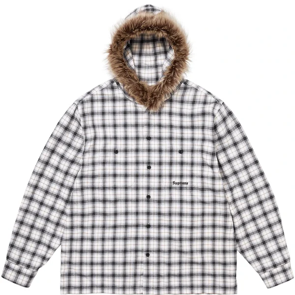 Supreme Fur Trim Flannel Hooded Shirt - White Plaid (front)