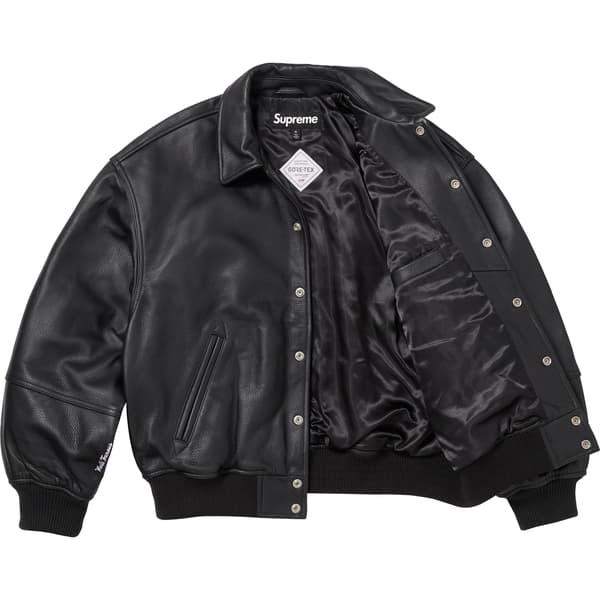 Supreme GORE-TEX Infinium WINDSTOPPER Leather Varsity Jacket - Black (front)