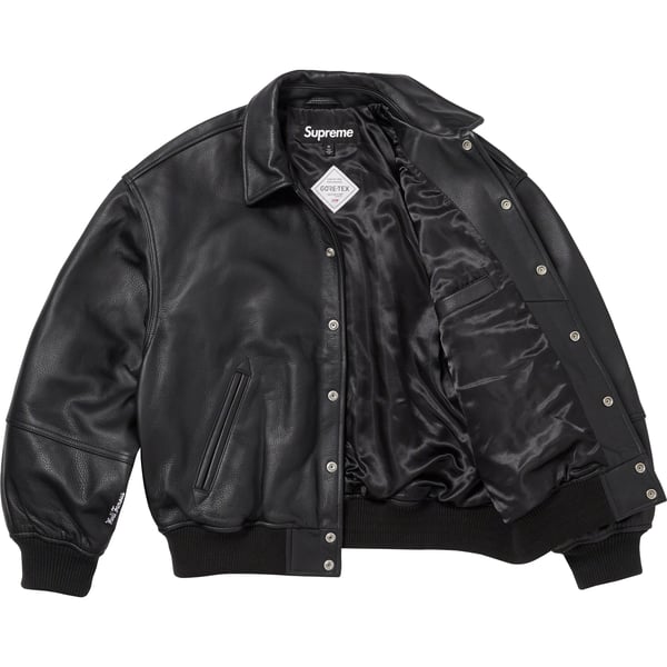 Supreme GORE-TEX Infinium WINDSTOPPER Leather Varsity Jacket - Black (front)