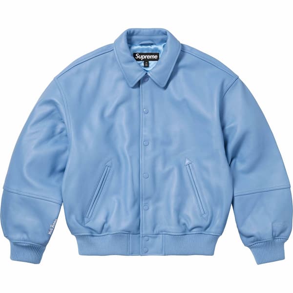Supreme GORE-TEX Infinium WINDSTOPPER Leather Varsity Jacket - Light Blue (front)