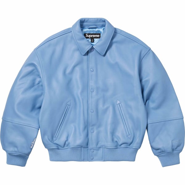Supreme GORE-TEX Infinium WINDSTOPPER Leather Varsity Jacket - Light Blue (front)
