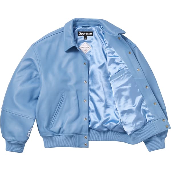 Supreme GORE-TEX Infinium WINDSTOPPER Leather Varsity Jacket - Light Blue (front)