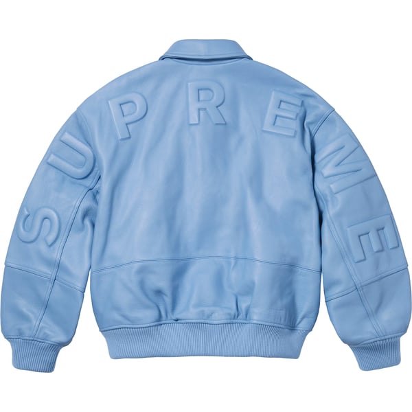 Supreme GORE-TEX Infinium WINDSTOPPER Leather Varsity Jacket - Light Blue (front)