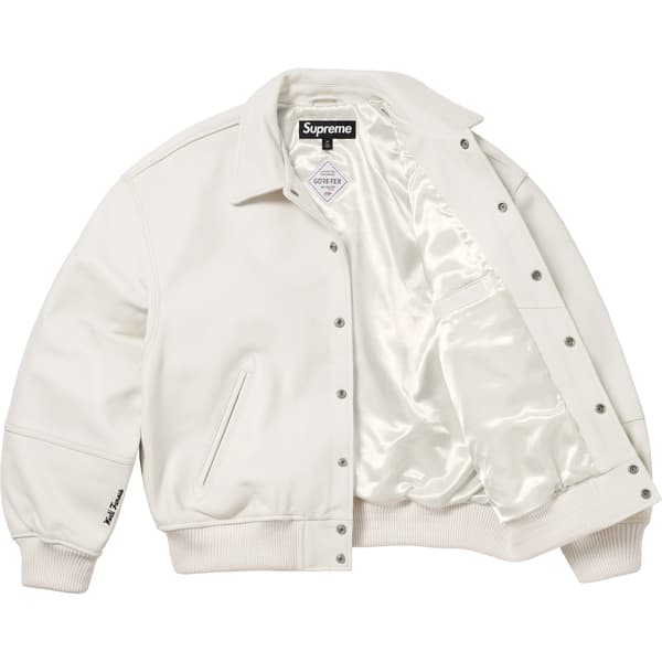 Supreme GORE-TEX Infinium WINDSTOPPER Leather Varsity Jacket - White (front)