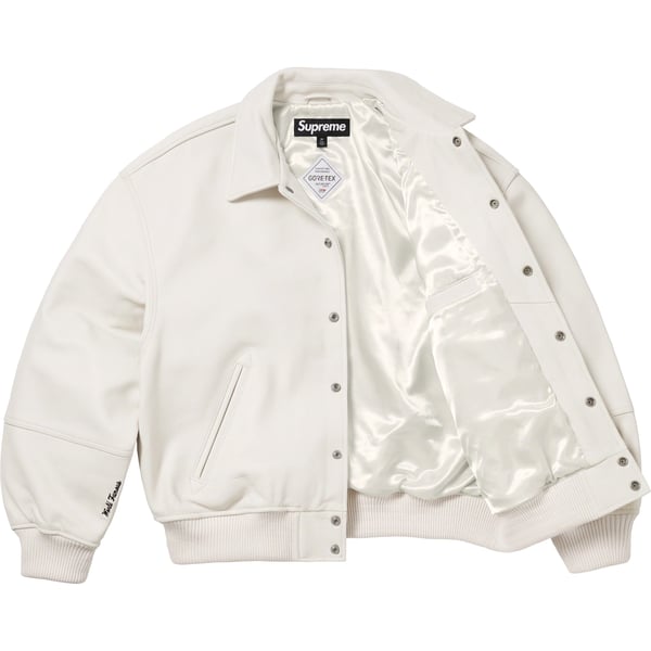 Supreme GORE-TEX Infinium WINDSTOPPER Leather Varsity Jacket - White (front)