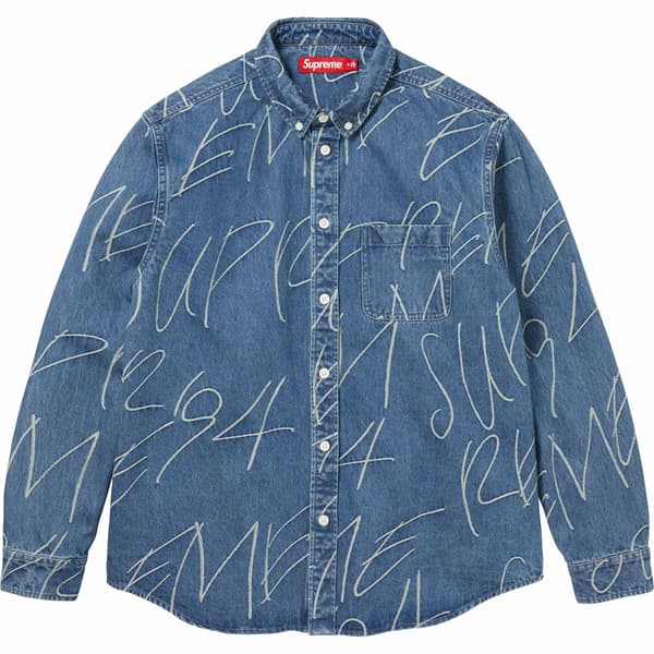 Supreme Handwriting Jacquard Denim Shirt - Washed Indigo (front)