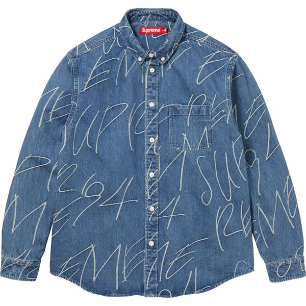 Supreme Handwriting Jacquard Denim Shirt - Washed Indigo (front)