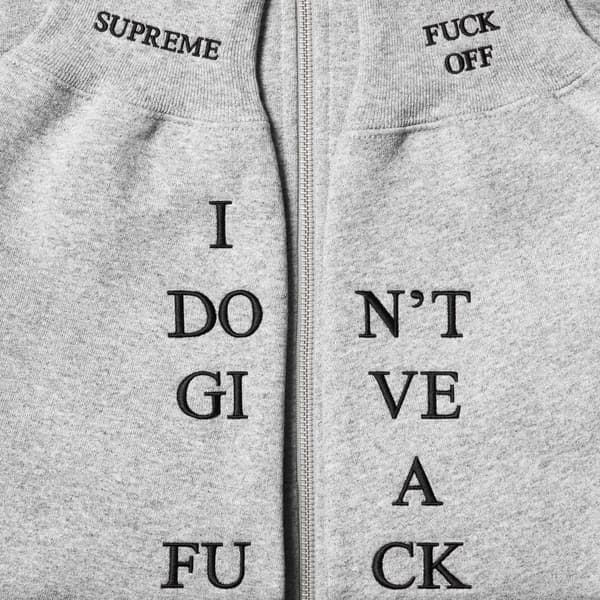 Supreme IDGAF Zip Up Hooded Sweatshirt - Heather Grey (front)
