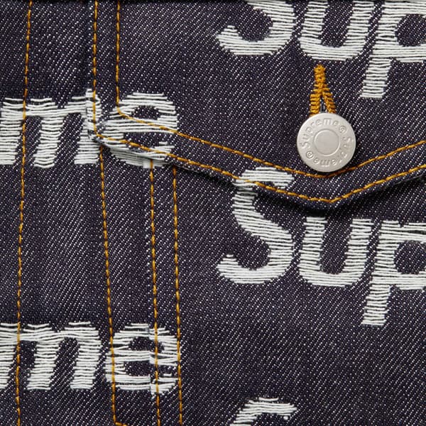 Supreme Jacquard Logos Denim Trucker Jacket - Rigid Indigo (front)