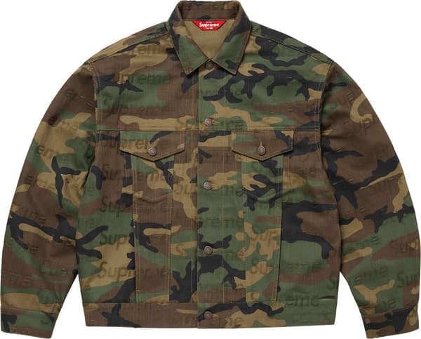 Supreme Jacquard Logos Denim Trucker Jacket - Woodland Camo (front)