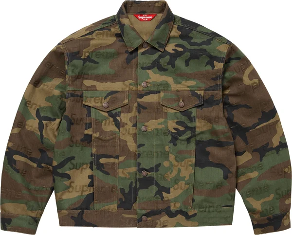 Supreme Jacquard Logos Denim Trucker Jacket - Woodland Camo (front)