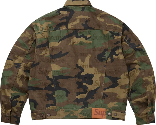 Supreme Jacquard Logos Denim Trucker Jacket - Woodland Camo (front)